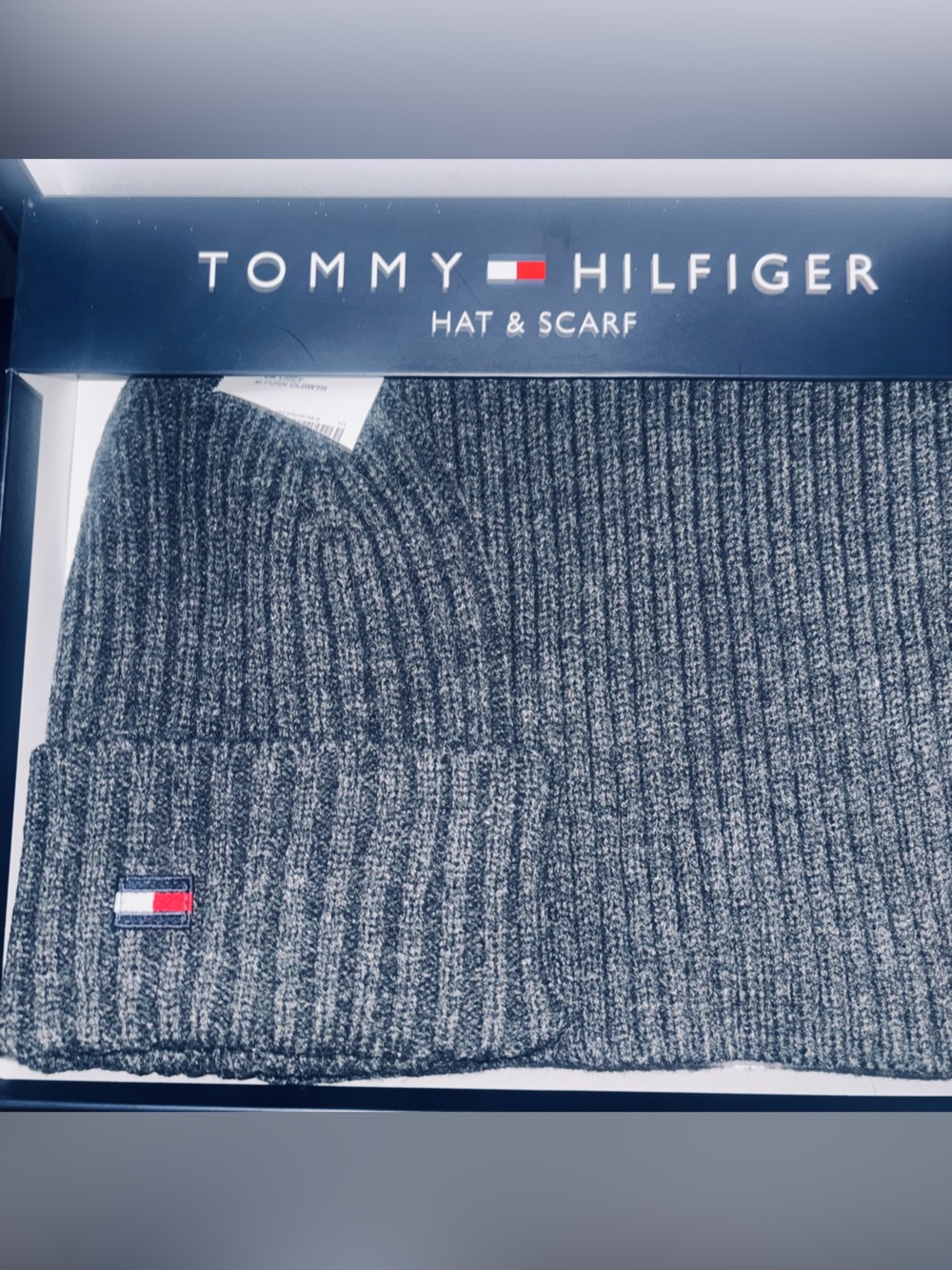 Tommy Hilfiger Gray Ribbed Knit Beanie with Flag Logo